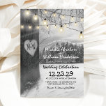 Rustic Silver Winter Tree Twinkle Lights Wedding Invitation<br><div class="desc">Your wedding is an important milestone, and it deserves to be celebrated in a way that truly captures your love story. Christmas grey and white woodland wedding invitations featuring winter trees covered in snow, a carved heart with your initials, and string twinkle lights will add a touch of enchantment to...</div>