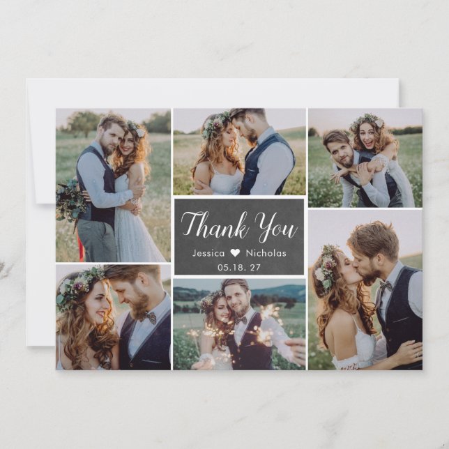 Rustic Simple 6 Photo Collage Script Wedding Thank You Card (Front)