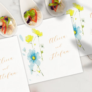 Rustic Simple Blue Yellow Poppies Watercolor Napkin