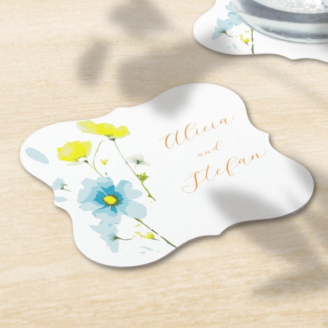 Rustic Simple Blue Yellow Poppies Watercolor Paper Coaster (Creator Uploaded)