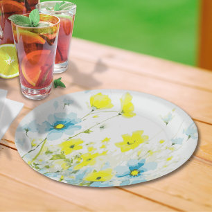Rustic Simple Blue Yellow Poppies Watercolor Paper Plate