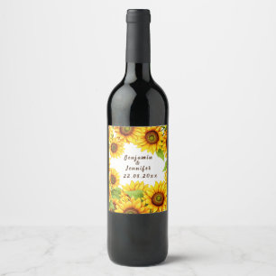 Rustic simple calligraphy boho sunflower wedding wine label