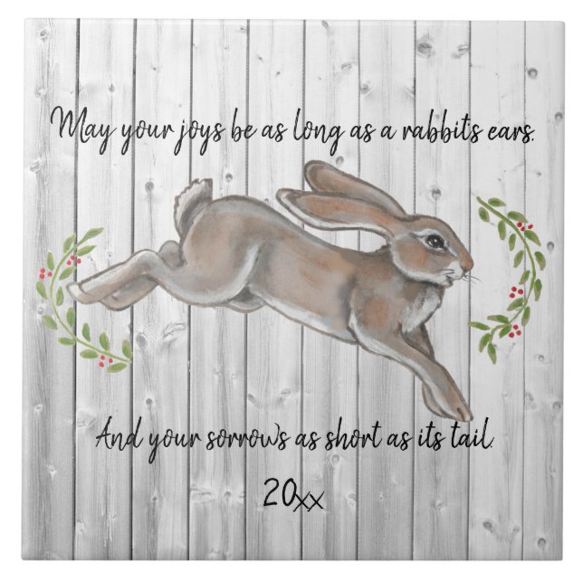 Rustic Simple Dated Rabbit Happy New Year Tile (Front)