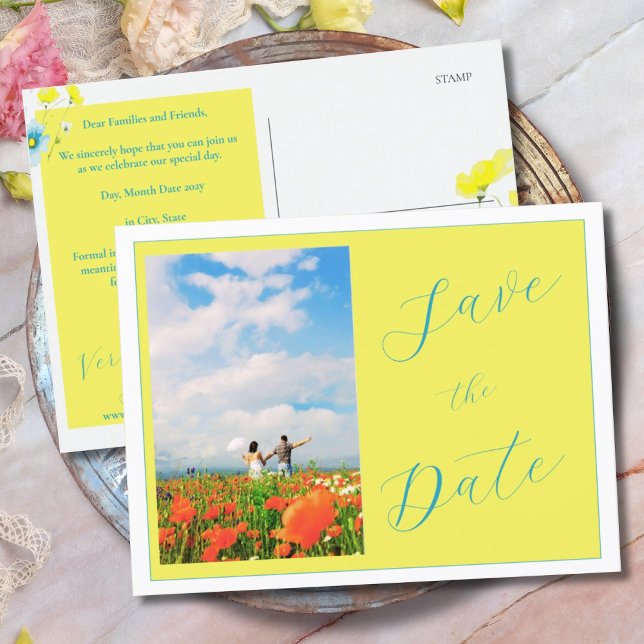 Rustic Simple Photo Yellow Blue Save the Date Postcard (Creator Uploaded)