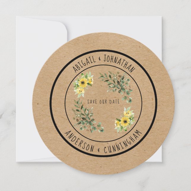 Rustic Simple Sunflower Round Save our Date QR Cod Invitation (Front)