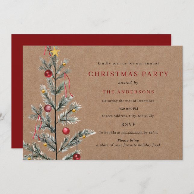Rustic Simple Traditional Tree Christmas Party Invitation (Front/Back)