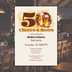 Rustic Simple Vintage Cheers & Beers 50th Birthday Invitation