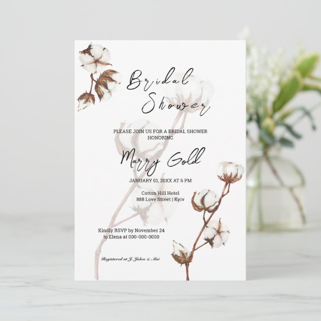 Rustic simple watercolor cotton Bridal Shower Invi Invitation (Standing Front)