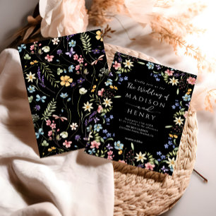 Rustic Simple Wildflower Black Wedding Invitation