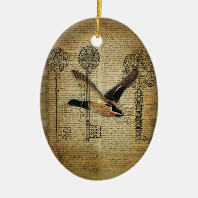 rustic skeleton keys western country mallard duck ceramic tree decoration (Front)
