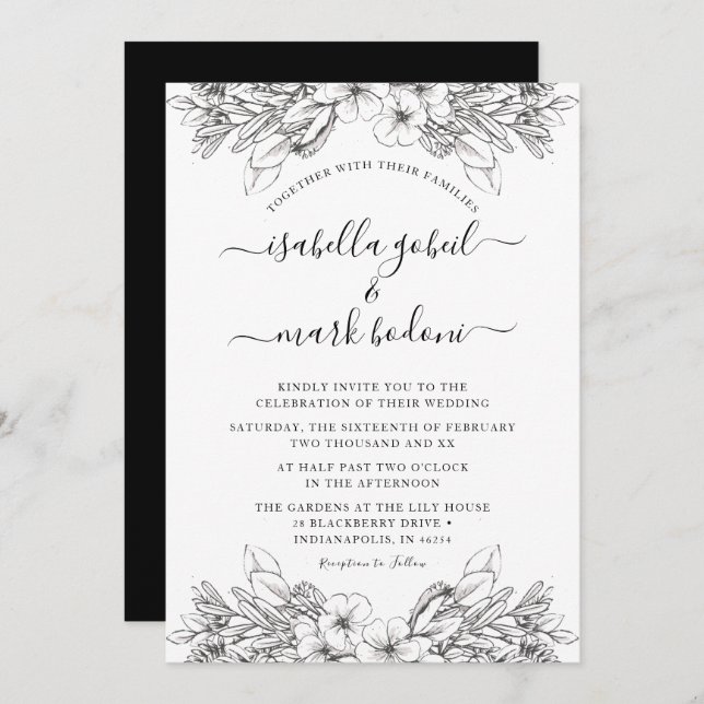 Rustic Sketched Floral Black & White Wedding Invitation (Front/Back)