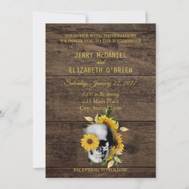 Rustic Skull Sunflower Wedding Invitation (Front)