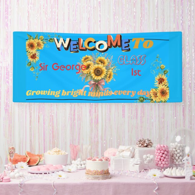 Rustic sky blue Sunflower Teacher Classroom Welc Banner (Party)