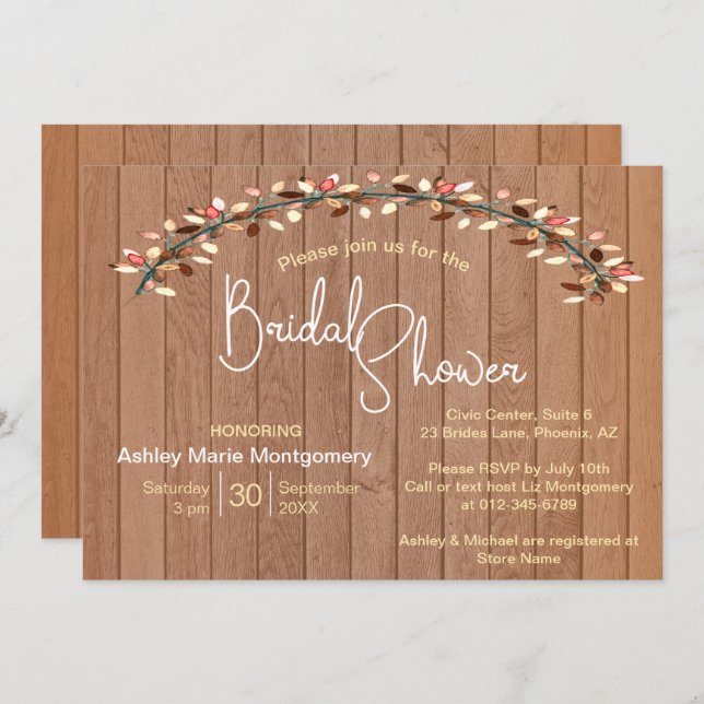 Rustic Slat Wood Colorful Leaf Arch Bridal Shower Invitation (Front/Back)