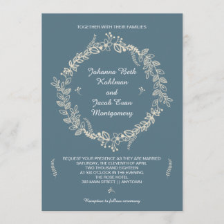 Rustic Slate Blue Outlined Floral Wreath Wedding Invitation