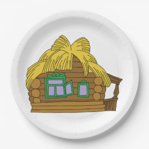 Rustic Slavic Log House Traditional Thatched Roof Paper Plate