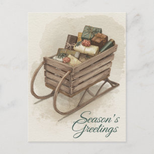 Rustic Sleigh Full of Gifts Watercolor Holiday Postcard
