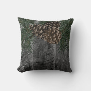 Rustic smokey grey wood and pine cone cushion