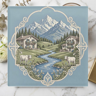 Rustic Snow Alpine Log Cabin Grazing Cows Meadows Glass Coaster