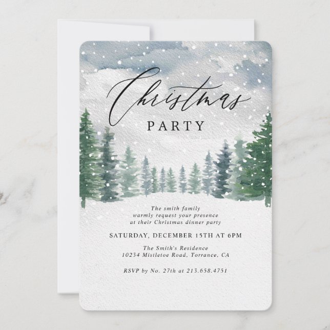 Rustic Snow Christmas Tree Christmas Party Invitation (Front)
