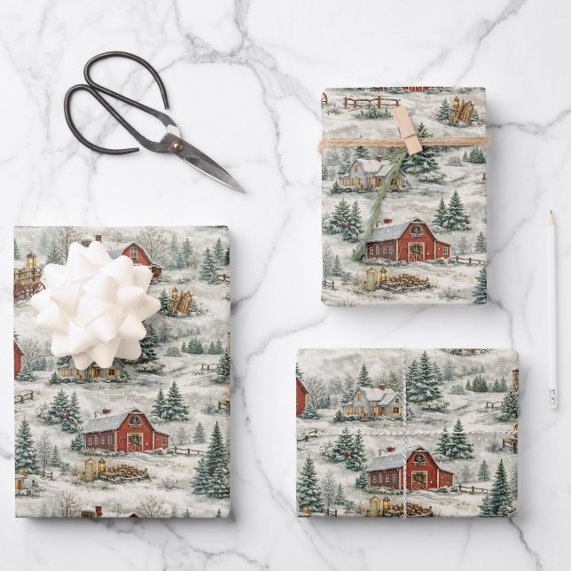 Rustic Snow Covered Farmhouse Winter Pattern Wrapping Paper Sheet (Front)