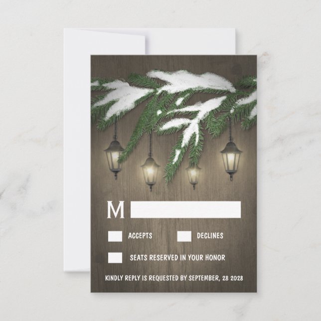 Rustic Snow Evergreen Lantern Wedding RSVP Cards (Front)