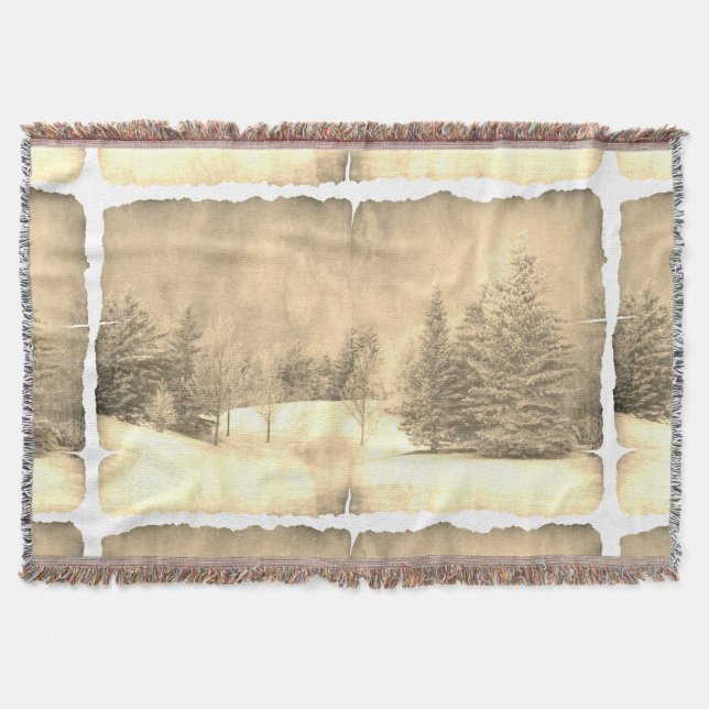 Rustic snow evergreen winter scene on parchment throw blanket (Front)
