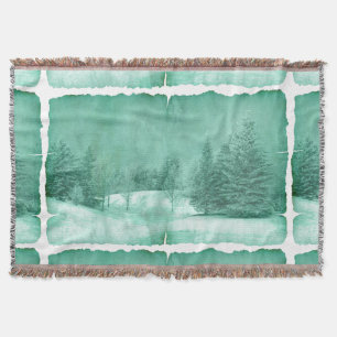 Rustic snow evergreen winter scene on parchment throw blanket