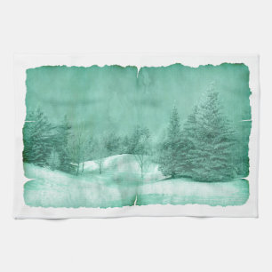Rustic snow evergreen winter scene parchment green tea towel