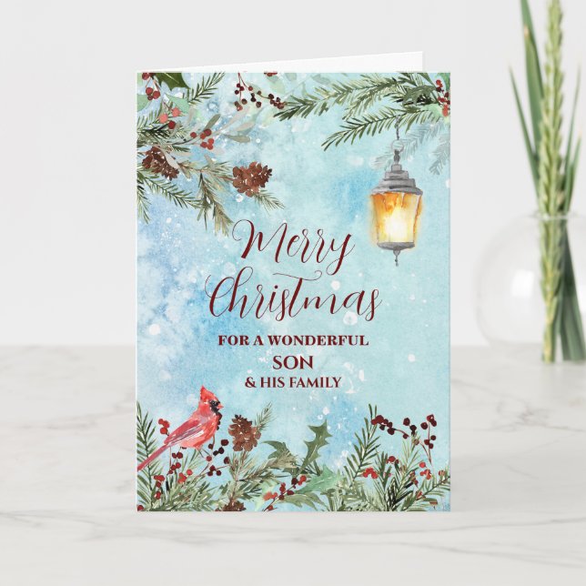 Rustic Snow Son & Family Merry Christmas Card (Front)