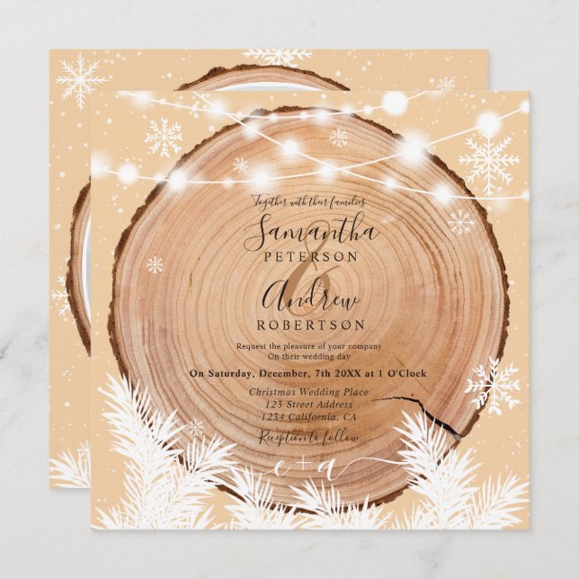 Rustic snow wood log light Christmas photo wedding Invitation (Front/Back)