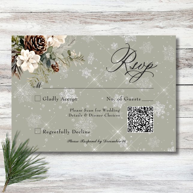Rustic Snowfall Pine & White Floral Sage Wedding RSVP Card (Rustic Snowfall Pine & White Floral Sage Wedding RSVP Card)