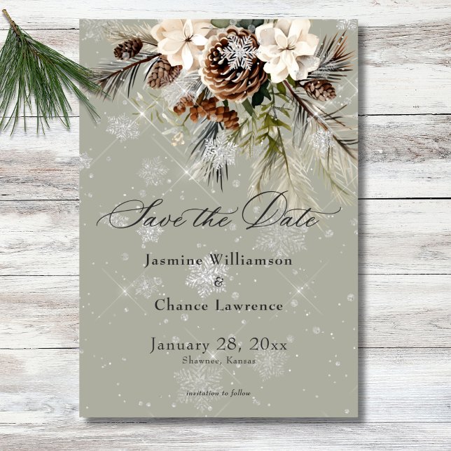Rustic Snowfall Pine & White Floral Sage Wedding Save The Date (Rustic Snowfall Pine & White Floral Sage Wedding Save The Date)