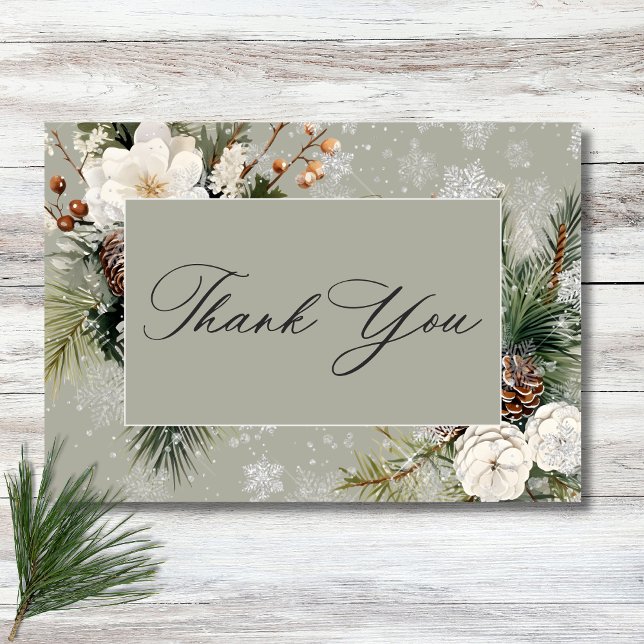 Rustic Snowfall Pine & White Floral Sage Wedding Thank You Card (Rustic Snowfall Pine & White Floral Sage Wedding Thank You Card)