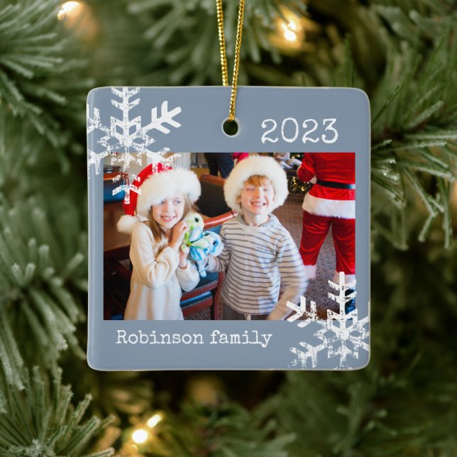 Rustic Snowflake Family Dusty Blue Ceramic Ornament (Tree)