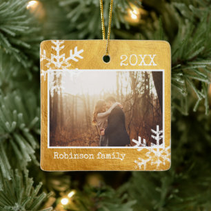 Rustic Snowflake Family Gold Ceramic Ornament