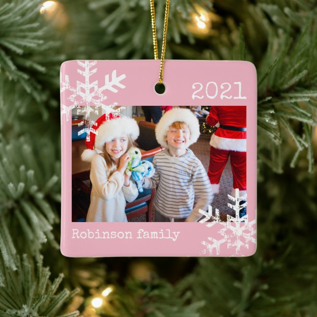 Rustic Snowflake Family Pink Ceramic Ornament (Tree)