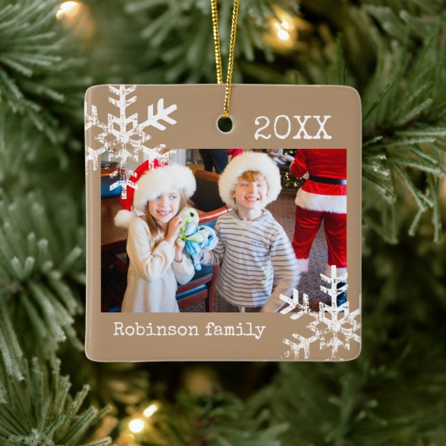 Rustic Snowflake Family Tan Ceramic Ornament (Tree)