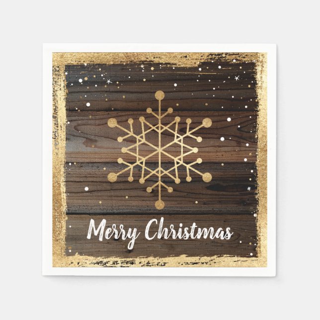 Rustic Snowflake Gold Merry Christmas Party Paper Napkin (Front)