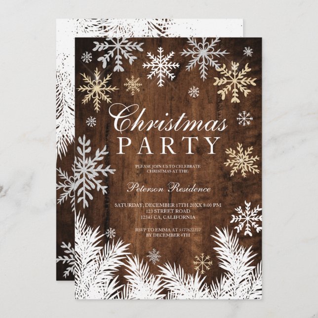 Rustic snowflake pine wood winter Christmas party Invitation (Front/Back)