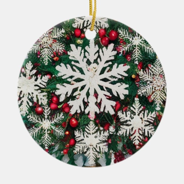 Rustic Snowflake Silhouettes Ceramic Circle  Tree Decoration (Front)