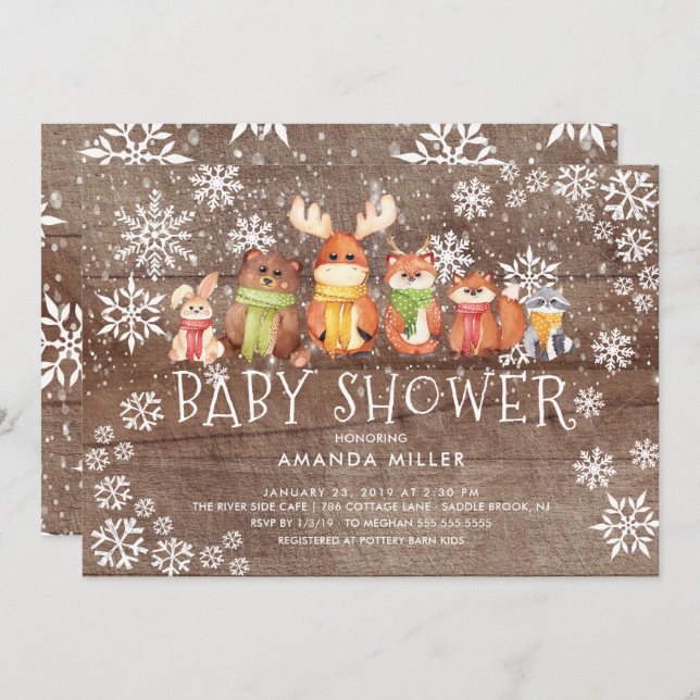 Rustic Snowflake Woodland Animals Baby Shower Invitation (Front/Back)