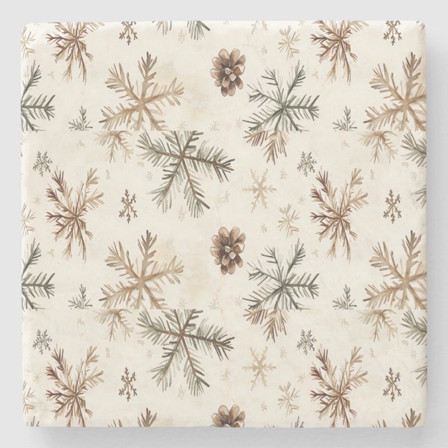 Rustic snowflakes and pine cones stone coaster (Front)
