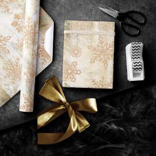 Rustic Snowflakes   Gold Grunge White Wood Planks Wrapping Paper
