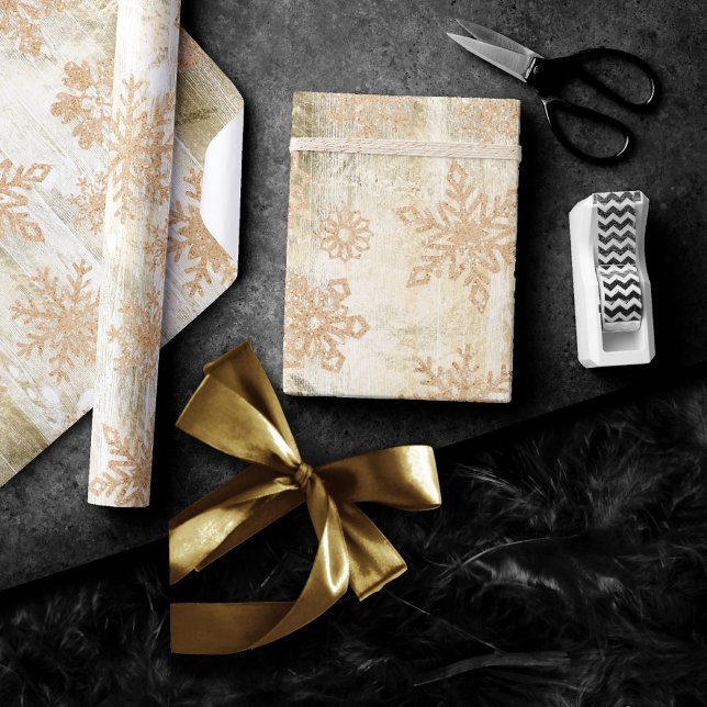Rustic Snowflakes | Gold Grunge White Wood Planks Wrapping Paper (Creator Uploaded)