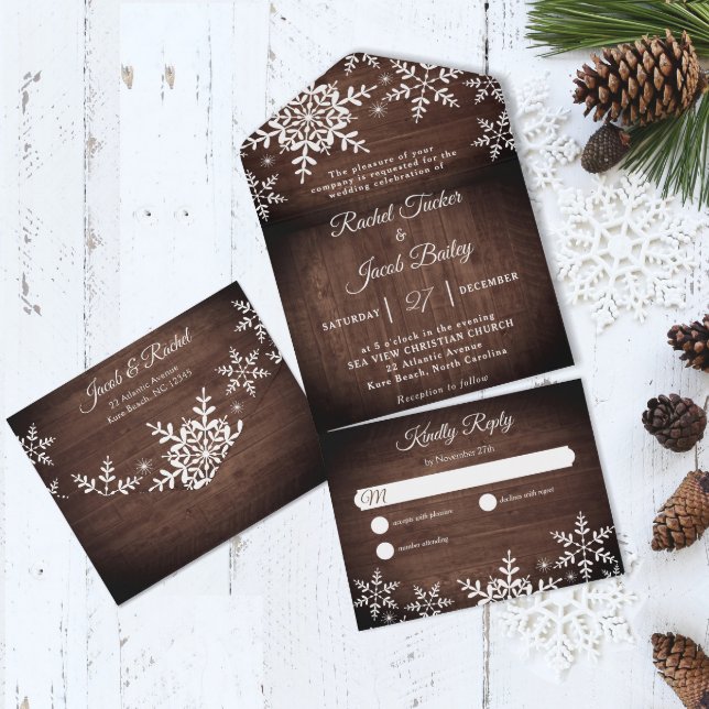 Rustic Snowflakes on Wood Christmas Winter Wedding All In One Invitation (Creator Uploaded)