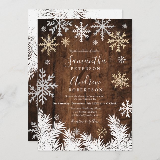 Rustic snowflakes wood winter Christmas wedding Invitation (Front/Back)