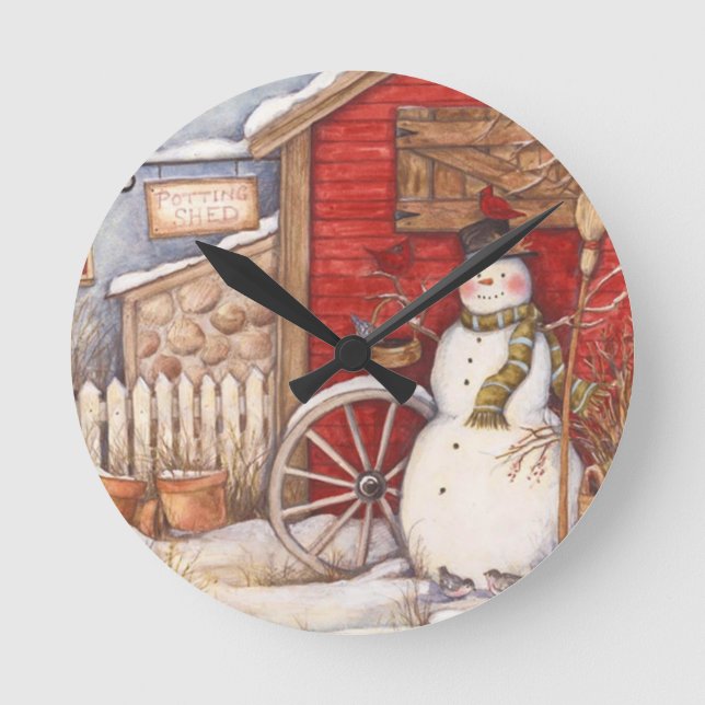 Rustic Snowman Winter Scene Round Clock (Front)