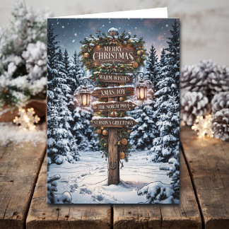 Rustic Snowy Christmas Signpost Holiday Card
