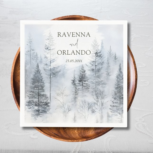 Rustic Snowy Forest Mountain Watercolor Wedding Napkin (Creator Uploaded)